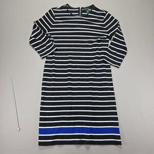 Lauren Ralph Lauren Black White Striped‎ Knee Length Dress Faux Leather Trim  L